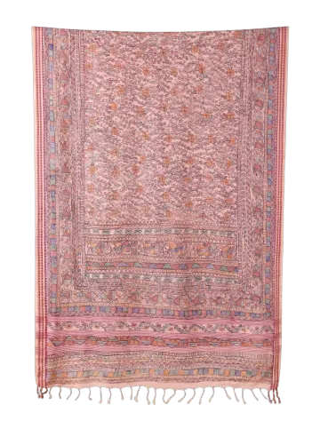 Pink hand-painted Madhubani dupatta with lotus motifs