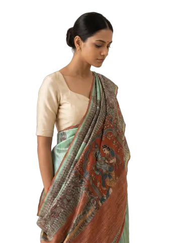 Green Radha-Krishna Madhubani silk saree