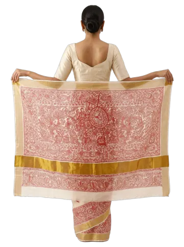 Natural and red Kohabar cotton Madhubani saree