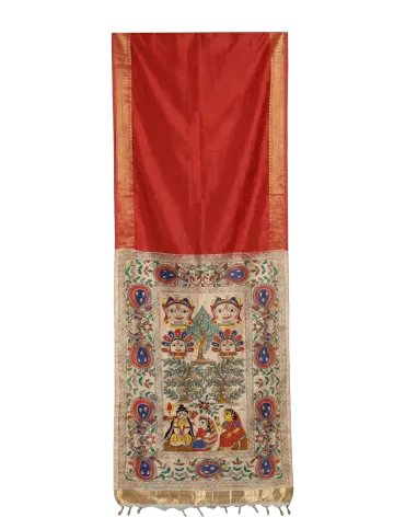 Red Madhubani Kohabar pallu silk saree