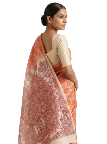 Red Madhubani shibori Chanderi saree